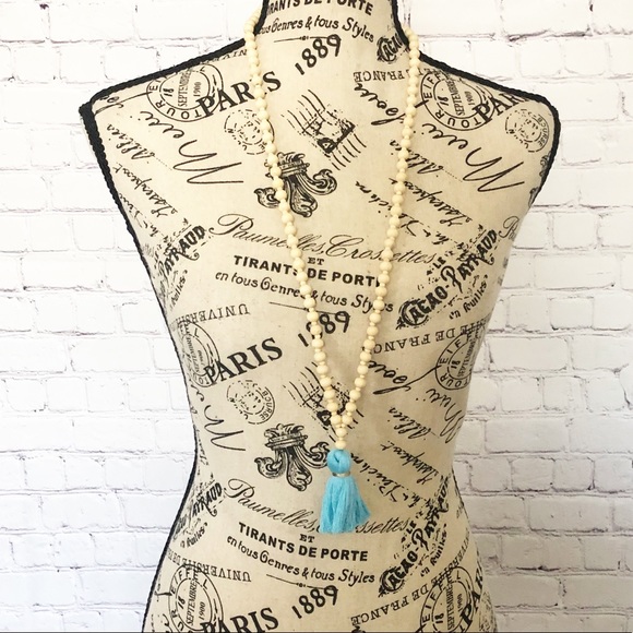 FINAL Price Wooden Turquoise Tassel Necklace - Picture 4 of 4